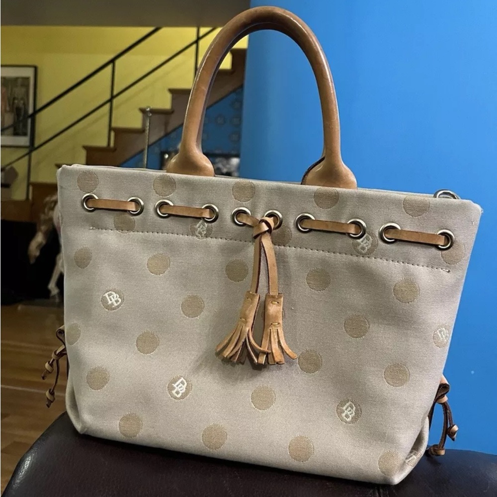 Dooney And Bourke Tassle polka dot Canvas And Leather Handbag purse made in usa